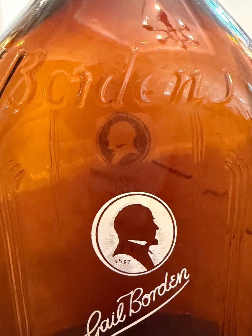 Vintage Gail Borden Amber Glass Half Gallon Milk Bottle 2 Quart 1950s Pyro Rare